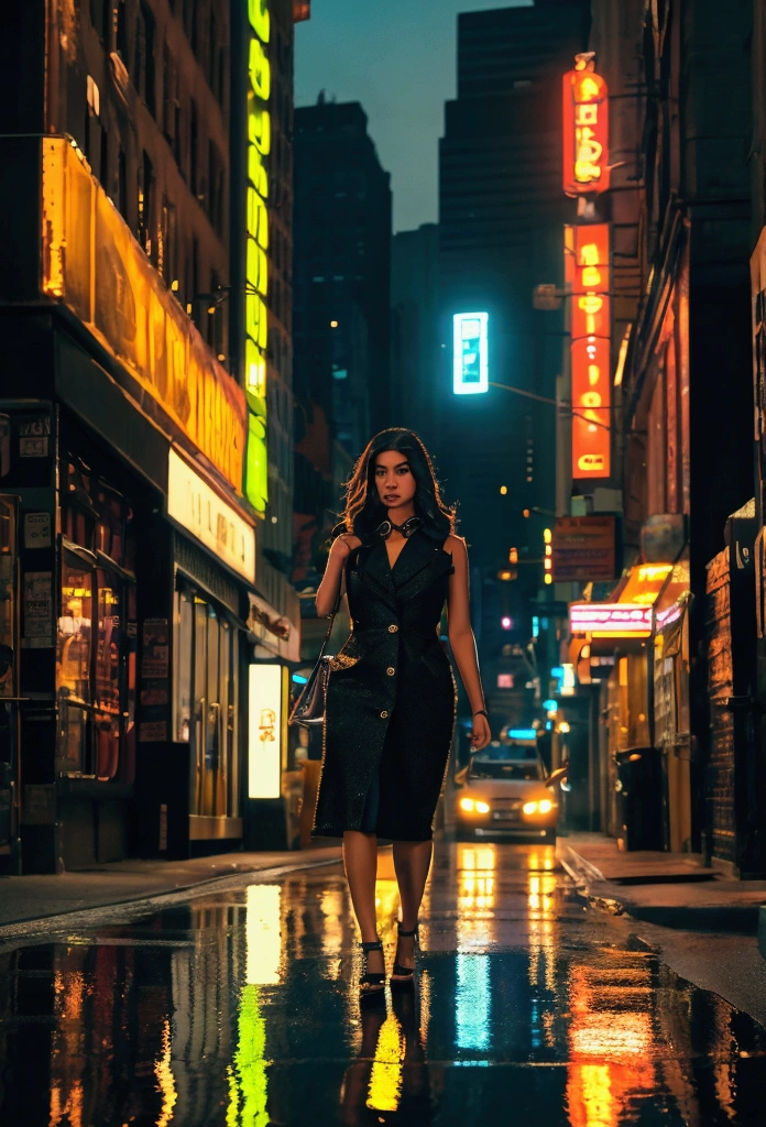 a beautiful asian woman walking at night in new york city, detailed facial features, beautiful detailed eyes, beautiful detailed lips, extremely detailed eyes and face, long eyelashes, realistic, photorealistic, photo-realistic:1.37, best quality, 8k, highres, masterpiece:1.2, ultra-detailed, hyper-realistic, cinematic lighting, moody atmospheric lighting, intricate details, dramatic shadows, vibrant colors, cinematic composition, establishing shot, wide angle, street at night, tall buildings, neon signs, headlights, reflections on wet pavement, atmospheric fog, urban landscape