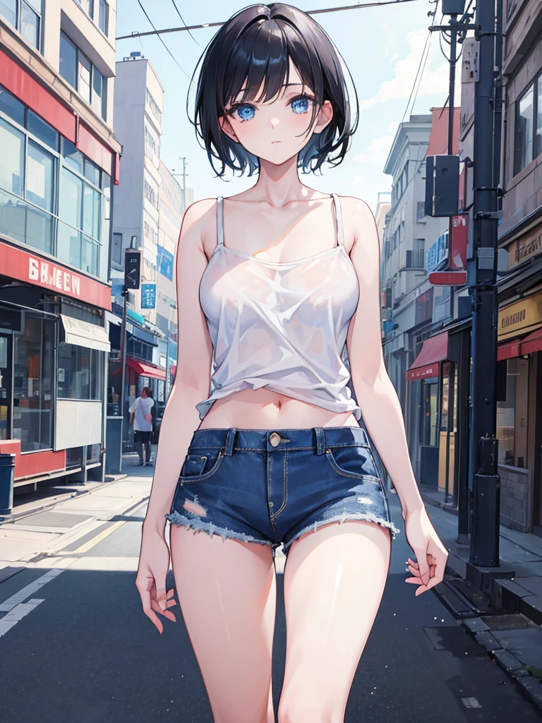 1girl, short black hair, blue eyes, wearing no shirt, denim shorts, city, absurdres, high res, ultrasharp, 8k, masterpiece, looking at viewer