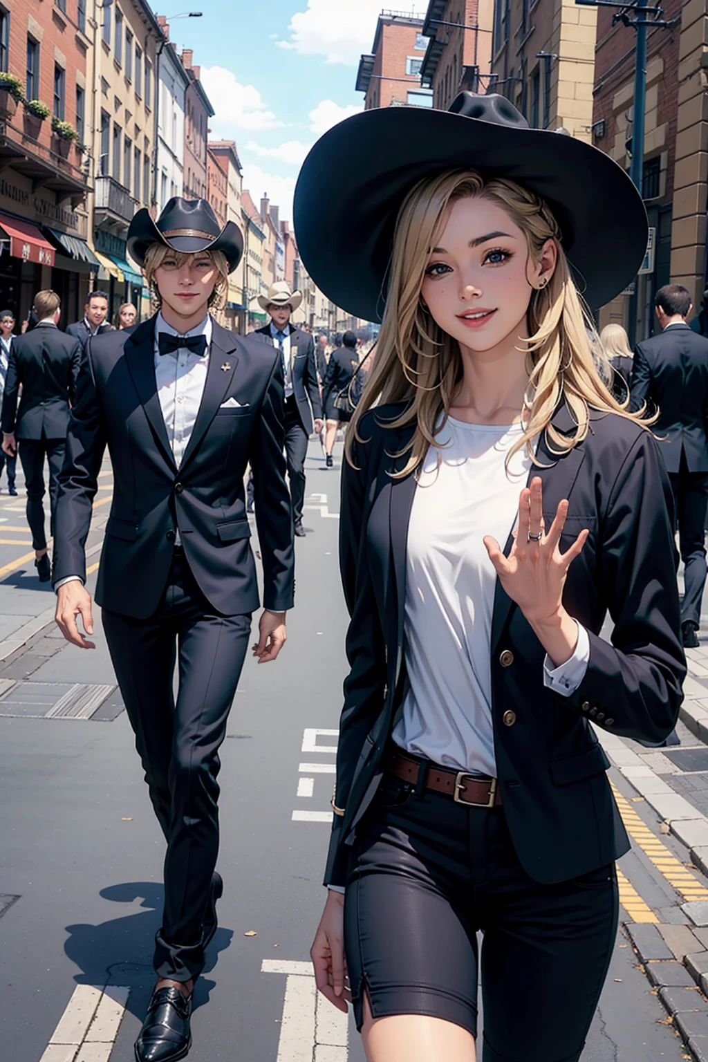 1 muscular male and 1 beautifull girl long blonde messy hair, cowboy hat, wearing full black suit((cowboys)), waving to the peoples, walking together in the town full of peoples, smiling,  