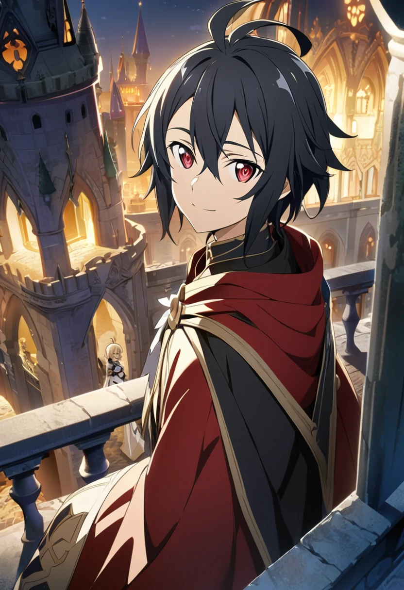 Hyakuya Mikaela \(Sword Art Online\), (short black hair), (ruby red eyes):1.2, (King Costume), bangs, gentle smile, cape, ((ultra-detailed)), ((illustration)), ((neat hair)), (beautiful detailed eyes), male, 1boy, standing, ((balcony, castle, night)), looking at viewer