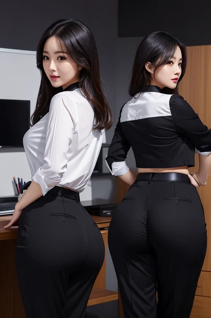 Super Beautiful Office Lady、(Plump ass)、Y shirt、Black suitpants、posterior view、(((ultra best quality, ​masterpiece))), (((ighly detailed)))