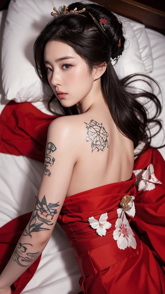 masterpiece, 1 woman per 1 photo, full body, live front view, subject composition facing down from above, a)) Geisha model Sleep on your back looking up. On the bed. Inside the castle. wearing Geisha clothes. Bare shoulders. with decorative tattoos on the body + shooting from the top angle: detail face and skin texture, detail eyes, double eyelids,