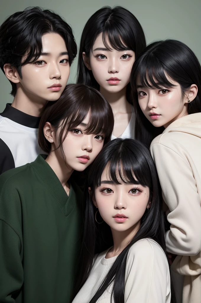 Create BTS group image with Korean teenage girl with dark black hair and green eyes