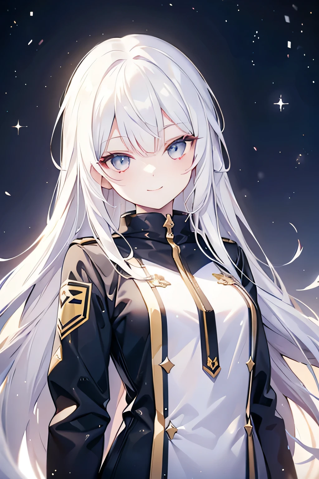 white hair, long straight hair, female, high school student, smiling face, Posing looking back, terminally ill, dark eyes, star , hopeful, active attire