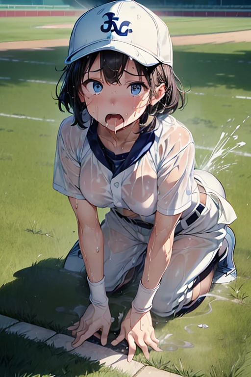 ((Browsing Caution))、(masterpiece, Highest quality, Highest quality, Official Art, beautifully)、blonde、short hair、blue eyes、beautiful girl、Big Breasts、Large breasts、(Full body photo、To the tips of the feet)、(((((Sweat、Soaking wet、body odor)))))、(((Detailed vagina、Love juice overflows from the vagina)))、(((tears、Drooling、Painful expression)))、Very detailed、((((Smell fetish))))、(Low rise)、((White baseball uniform、Baseball hats、Short sleeve、belt、Long trousers、Blue socks、Black shoes))、Baseball Girl、Baseball club、baseball Ground、dodgers uniform、((((On all fours、Vomit))))、((Angle from below))、((Detailed mouth))、(((Exposing breasts)))