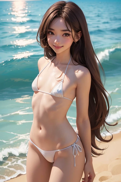 High resolutionCGを組み合わせた8K壁紙、High quality 8K CG wallpaper masterpiece、Highest quality、High resolution、Very detailed、Ultra Sharp、Cinema Lighting、Anatomically correct、One Girl 、(Detailed face、Young Face)、(Brown Hair、Long Hair:1.4)、Red cheeks、(flat chest like a boy:1.4)、(Skinny body:1.3)、(smile:1.5)、(White Micro Bikini:1.5)、(The girl is 25 years old:1.5)、happiness、(Cowboy Shot:1.5)、(Light of the sun)、(summer、Ocean)、White sand beach、White skin、