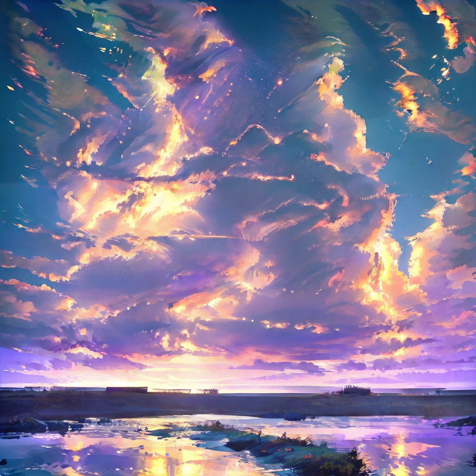 ((masterpiece, Highest quality)), Magic Hour, Twilight, lake, Water reflection, Ocean, green, purple, vermilion, , Calm, quiet,