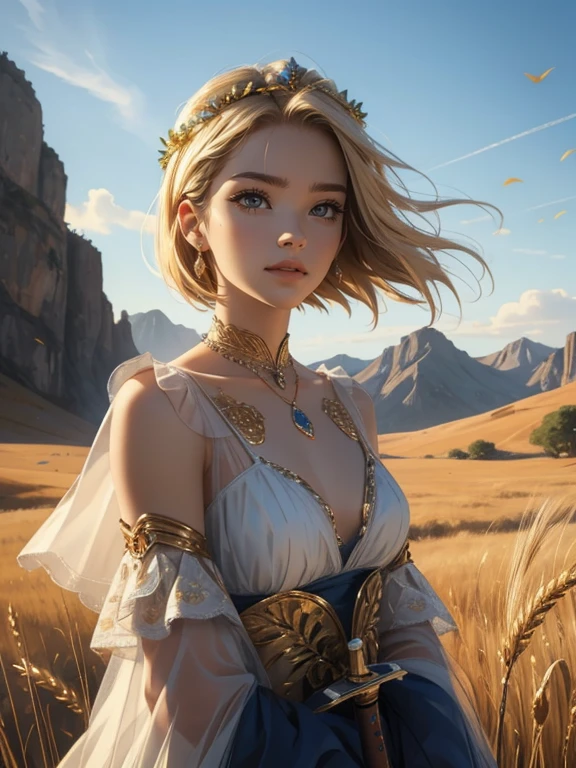 An incredibly beautiful young femme blonde with dark blue eyes, she has wheat golden hair Bob Shorthair , decorated with flowers, jewelry, she is a goddess, she wears the clothes of the goddess Gaia. She stands on the top of the mountain, holding a sword in her hands, strong wind pores ruffle her hair and clothes. Realistic image. Masterpiece, perfect image, realistic photos, full-length image, 8k, detailed image, extremely detailed illustration, a real masterpiece of the highest quality, with careful drawing. short golden-wheat hair.