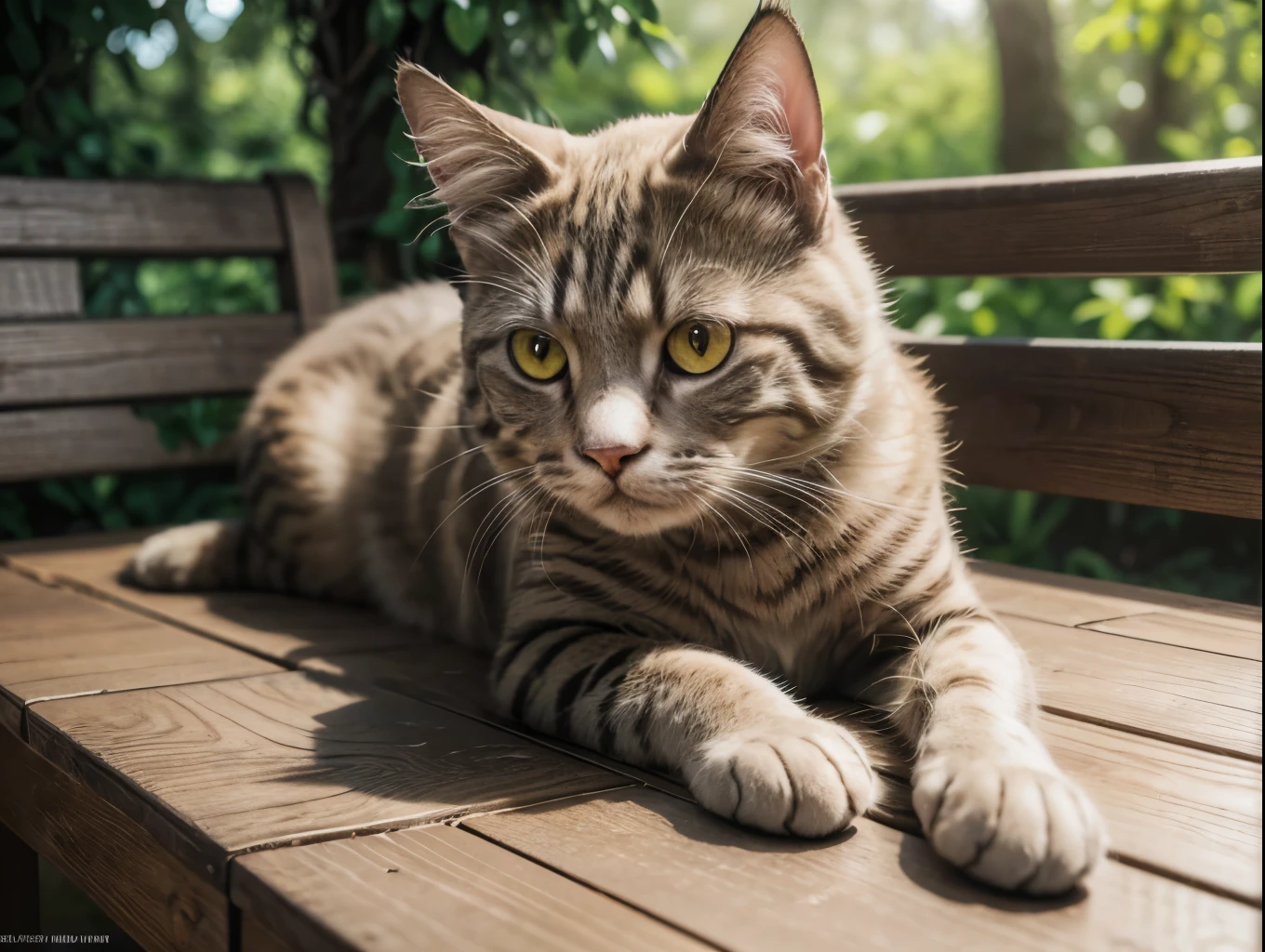 a beautiful detailed cat, realistic 3D render, intricate fur details, striking yellow eyes, sitting on a wooden bench, surrounded by lush greenery, natural lighting, high definition, photorealistic, cinematic, award winning digital art