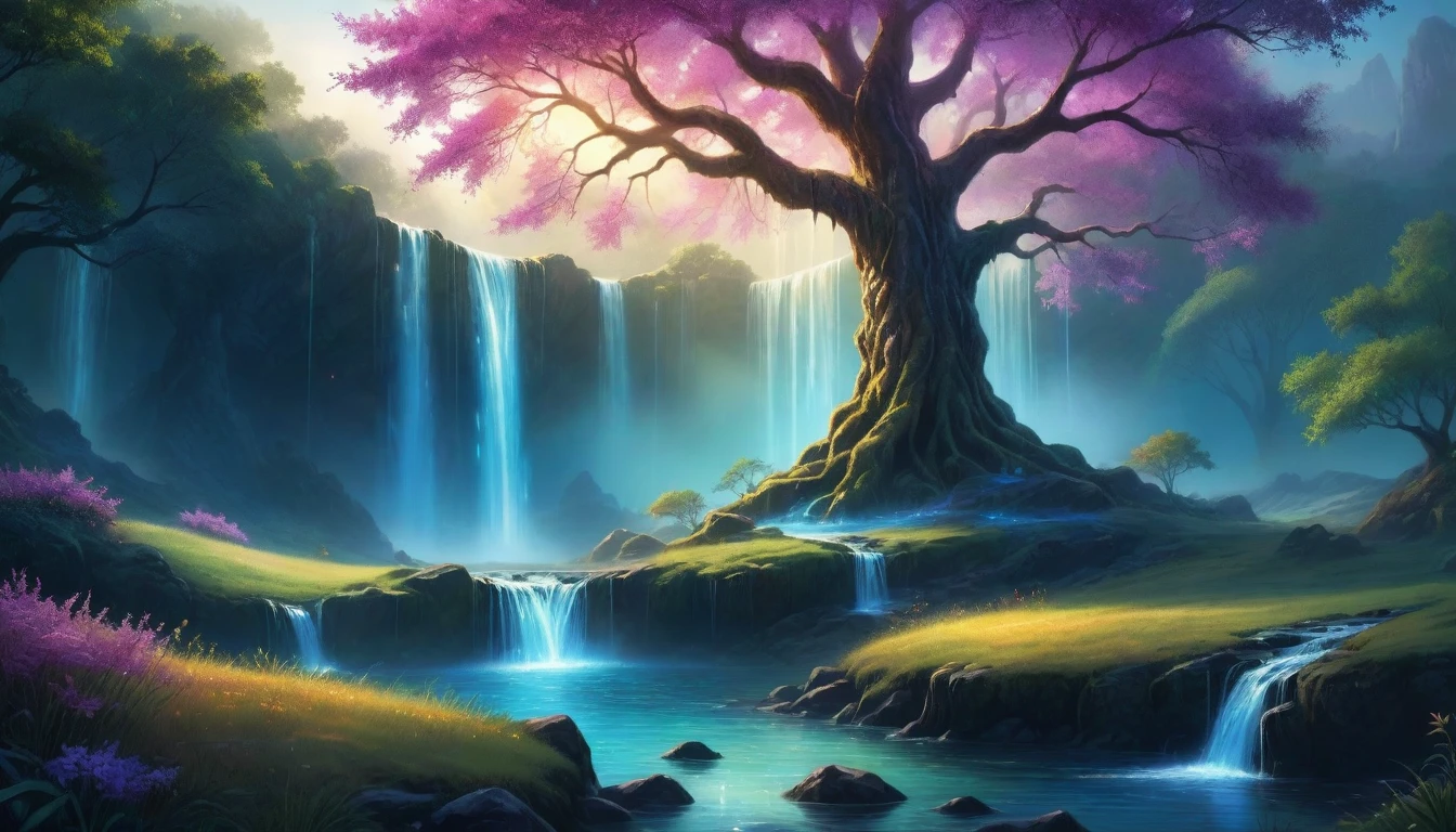 a painting of a deepglow high rocky waterfall and a large glowing magic tree in the middle of a field, magical background, fantasy painting hd, background artwork, magical landscape, mystical fantasy landscape, water everwhere fantasy, magical flower grasses environment, beautiful fantasy painting, fantasy art landscape, mystical setting, with trees and waterfalls, digital art fantasy, enchanted magical fantasy forest, beautiful detailed fantasy, magical forest backround