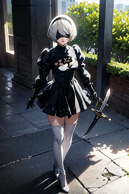 2B, 1girl, solo, short hair, thighhighs, gloves, long sleeves, dress, holding, cleavage, medium breasts, standing, full body, weapon, white hair, hairband, boots, puffy sleeves, sword, black thighhighs, black footwear, holding weapon, mole, black dress, high heels, leotard, clothing cutout, thigh boots, holding sword, cleavage cutout, katana, black hairband, juliet sleeves, mole under mouth, facing viewer, high heel boots, blindfold, covered eyes, black blindfold, feather-trimmed sleeves, masterpiece,