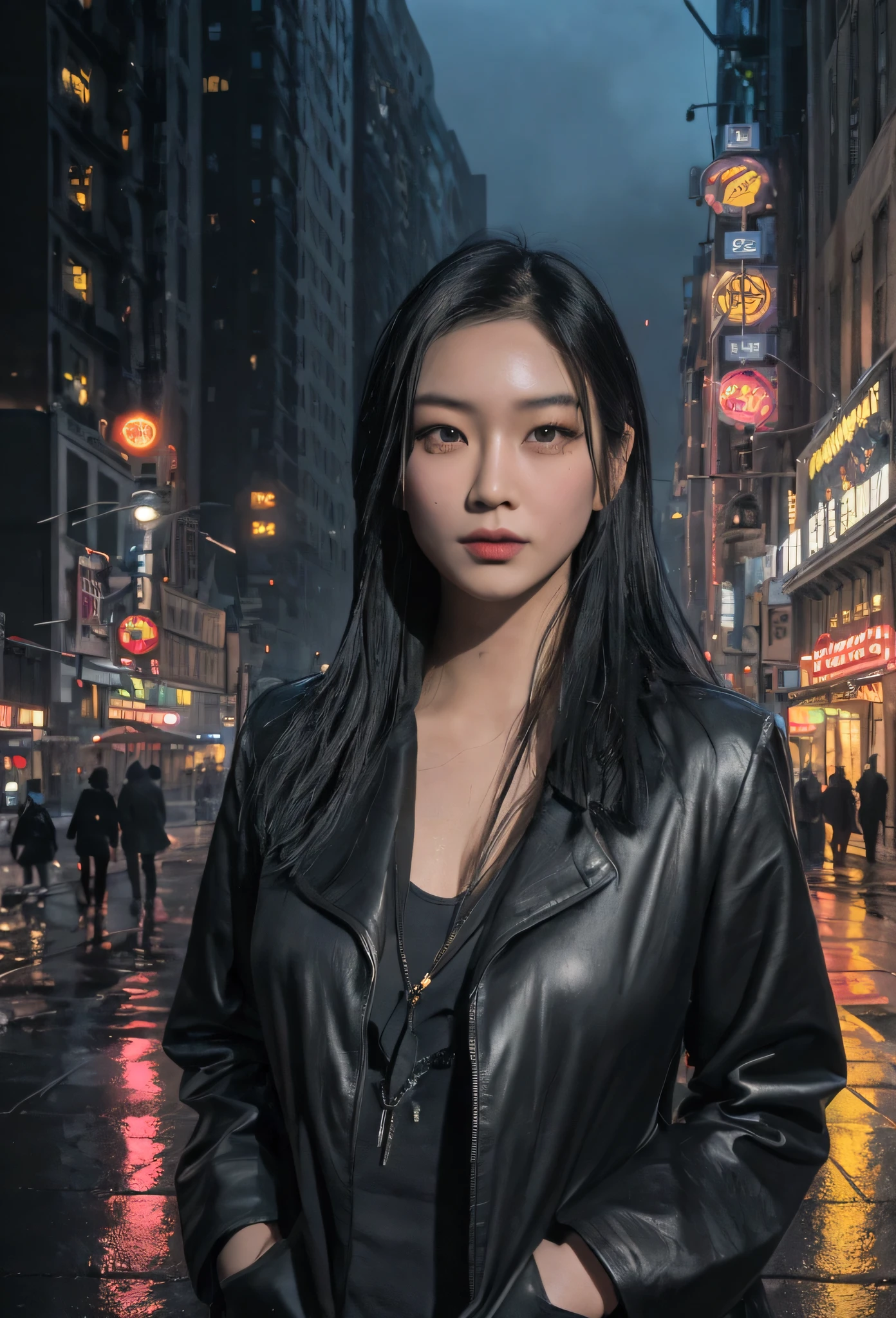 a beautiful asian woman walking at night in new york city, detailed facial features, beautiful detailed eyes, beautiful detailed lips, extremely detailed eyes and face, long eyelashes, realistic, photorealistic, photo-realistic:1.37, best quality, 8k, highres, masterpiece:1.2, ultra-detailed, hyper-realistic, cinematic lighting, moody atmospheric lighting, intricate details, dramatic shadows, vibrant colors, cinematic composition, establishing shot, wide angle, street at night, tall buildings, neon signs, headlights, reflections on wet pavement, atmospheric fog, urban landscape