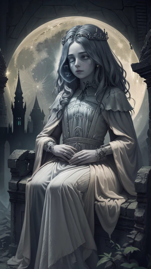 A fallen queen sitting inside a tarot card frame, wearing a moon-themed dress. The woman is small enough to fit entirely within the frame. The scene has a decayed atmosphere reminiscent of Elden Ring. The background features an impressive and prominent moon, along with the ruins of a temple. Detailed and intricate design for the tarot card frame.