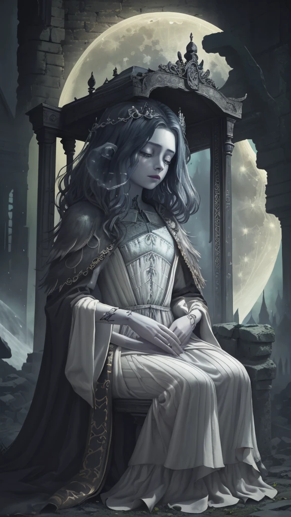 A fallen queen sitting inside a tarot card frame, wearing a moon-themed dress. The woman is small enough to fit entirely within the frame. The scene has a decayed atmosphere reminiscent of Elden Ring. The background features an impressive and prominent moon, along with the ruins of a temple. Detailed and intricate design for the tarot card frame.