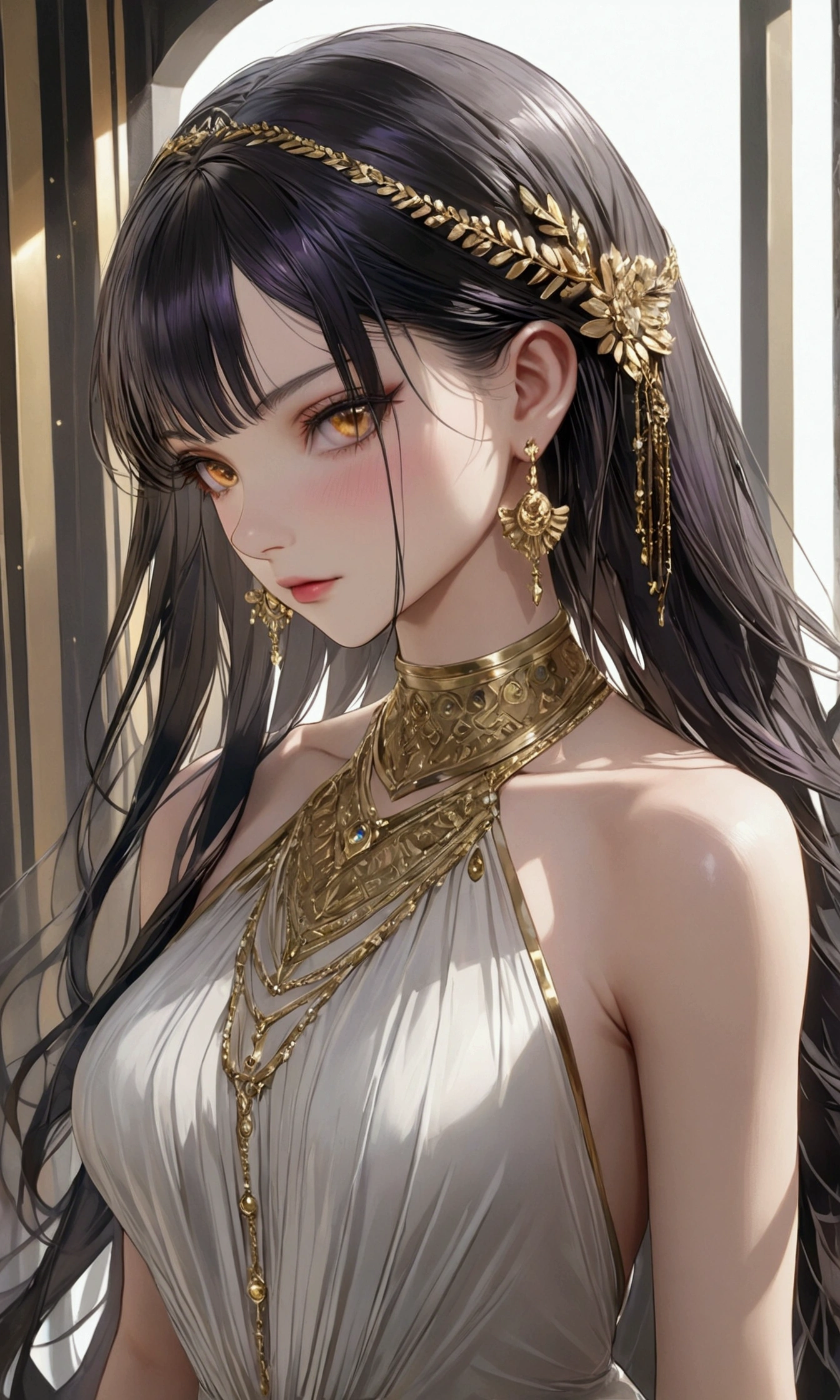 long ((black hair)), inner colored dark-purple hair, golden eyes, slender and athletic built, elegant dress, masterpiece, super detail, best quality, 8k,realistic