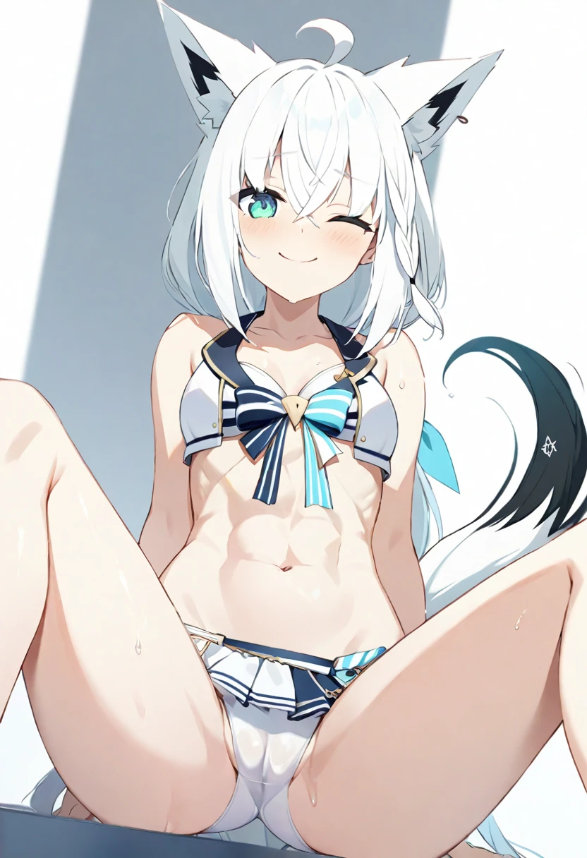 (muste piece), (best quality), (score_9, score_8_up, score_7_up), very detailed eyes, expressive eyes, perfect face, very detailed face, highly detailed face, beautiful girl, 8K, beautiful girl, white background, delicate and beautiful face and eyes, dark intense shadow,
1 girl, vtuber style, cool girl, hololive, Shirakami Fubuki, fubuki, white hair, single side braid, ahoge, piercing, fox tail, low-tied long hair, hololive summer 2023 swimsuit, bare shoulders, layered bikini, white bikini, striped bikini, bikini skirt, small chest, soft chest, cropped shoulders, clavicle, cameltoe, Navel-baring abs, wet body, wet hair, one eye close winking, smile, body visible through clothes, chest visible through clothes, ass visible through thighs, (full body), straddling, open legs wide, from below, pov crotch,