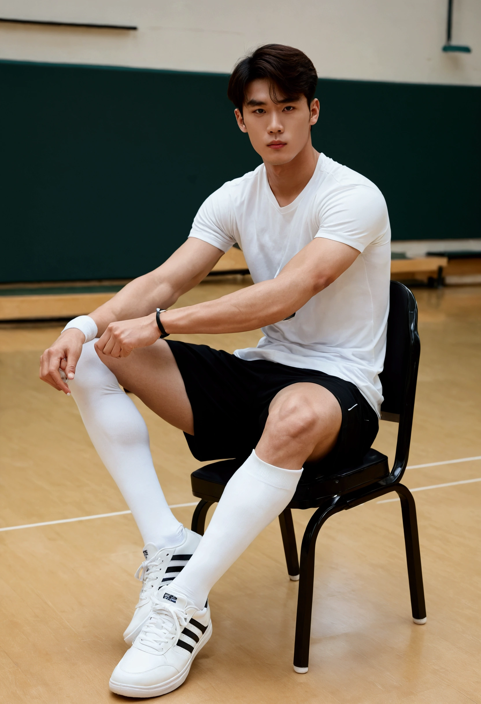 A handsome sports student,Wearing white socks and sneakers,sit on the chair,Stretch out one foot,