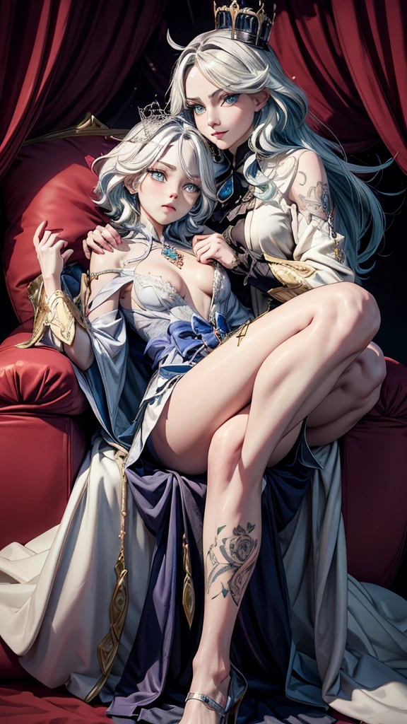 Royal sisters,Exquisite eyes,Frozen queen,Put the crown on your head,Detailed facial expressions body,Tall and big,Glamorous characters,Leg length,4K,HD,sensuous,White translucent lace,Fair full image,Little cherry mouth,Beautiful and lovely,full image,Glossy Gel Coat,Vampire Queen in luxurious robes,Have a tattoo(Intricate tattoo designs),Ice Princess,Rich facial details,skirt