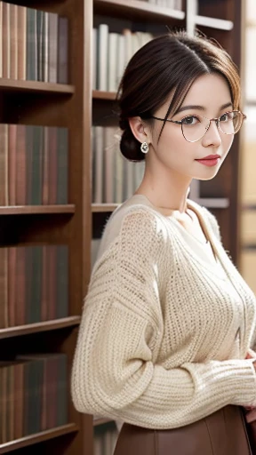 (8k, RAW photo, best quality, masterpiece), (photo realistic), outstanding details, ultra-high resolution, anatomically correct, textured skin, ((Extremely precise and accurate anatomy)),
A cute 28-year-old Japanese woman, librarian arranging books in the library,
(fearless smile),
(Downturned Eyes:1.2), (kind eyes:1.2) , kind Gaze,
(low and small chignon:1.4), (Rimless round glasses),
looking at viewer,
pupils sparkling, thin lips, Mouth slightly open,
dark brown hair, Forehead,
off-white simple summer sweater, simple cotton Light brown flared skirt,
Earrings, Necklace,
Full Shot, whole body, (height: 148cm), High heels Has two legs,Has two arms、Has two legs, You need two arms,
(background Spacious library interior, bookshelves),
(backlighting),
reflection light from below,
atmospheric perspective, depth of field,
(dramatic lighting), cinematic lighting,