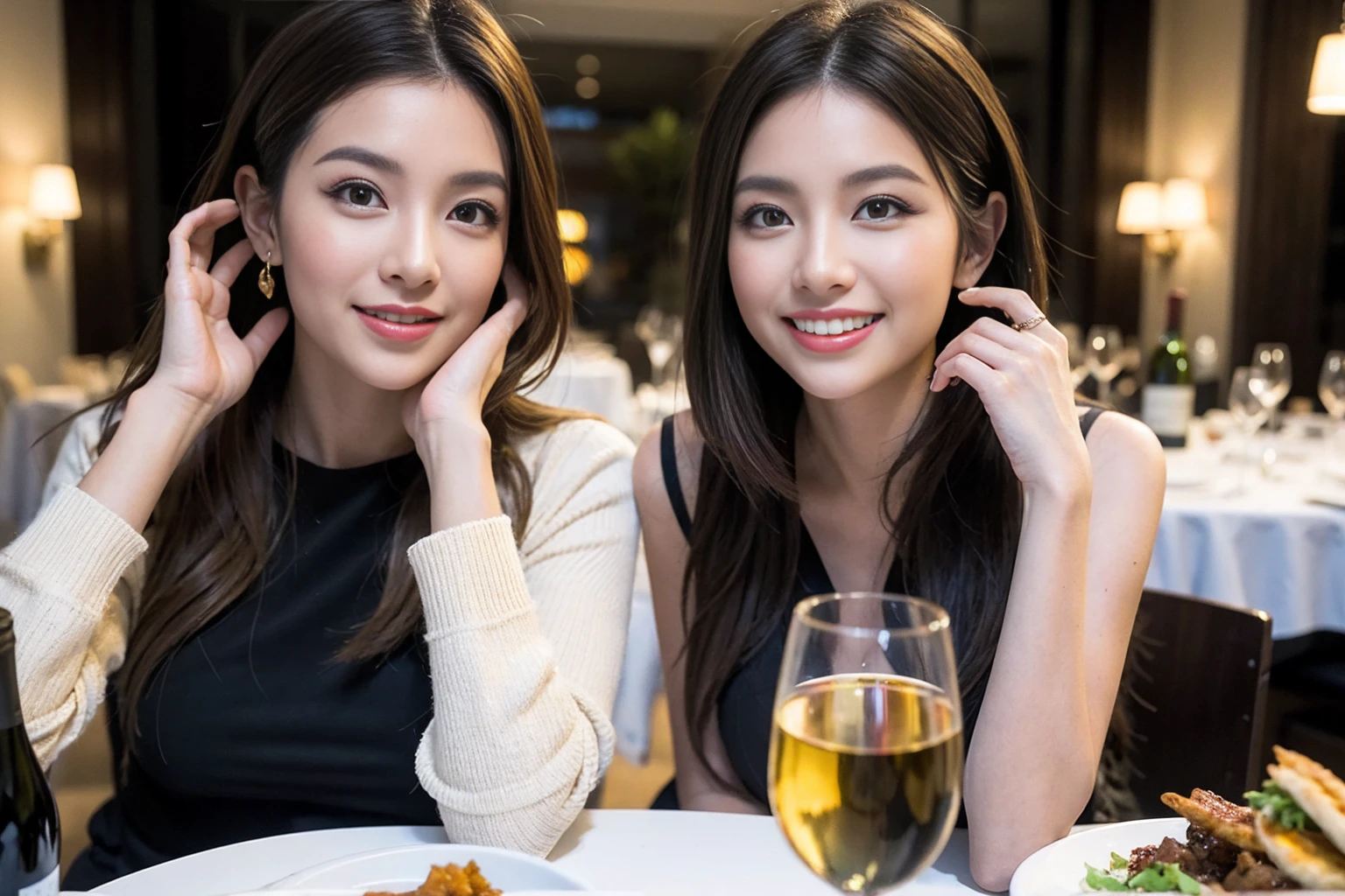 （Realistic:1.1）,(masterpiece,Highest quality)，8k,(49 years old), 53 years old, ベリーslimボディ、slimカップル、Tight waist,Upper Body,full-course dinner、wine 、Amazing view of the sunset sky and clouds、Perfect ???????, Brown Hair, short hair,Random Hairstyles,((Highly detailed face and eyes:1.2))，Perfect golden ratio face，Long sleeve shirt、dress,(smile:1.2)、Shortcuts、cute、(Realistic, Intricate details:1.2), A bright smile、short hair,Bright Face、赤wine 、Appetizers、Italian food、wine bottle、Champagne、スパークリングwine、(slimな顔), (The body is slim), (Brown Hair), (Shortcuts),  Upper Body, 白wine, slim, wineグラス, 