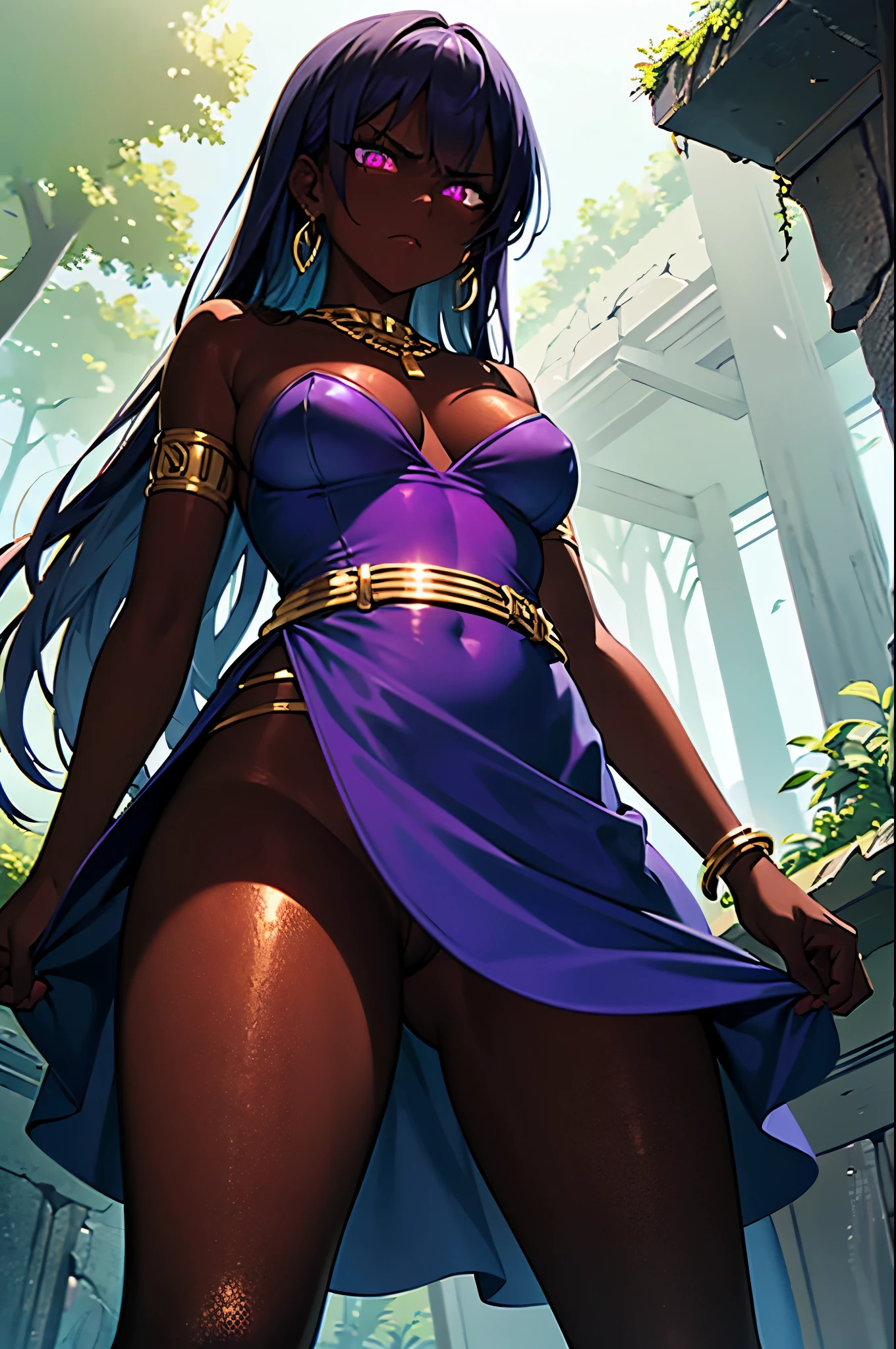 lustrous dark skin, oily skin, purple iridescent hair, glistening gold, skinny, purple dress, strapless dress, gold accessories, gold belt, gold thigh garter, gold necklace, gold earrings, gold bracelet, gold armlet, witch, shaded face, upskirt, angry face, view from below, ruins in the forest, glowing purple eyes