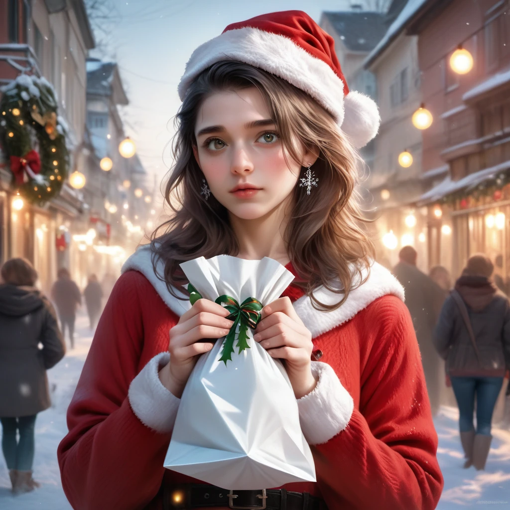 A beautiful, detailed portrait of a young Santa Claus holding a sack of gifts, standing in a snowy winter landscape with northern lights in the sky, (best quality,4k,8k,highres,masterpiece:1.2),ultra-detailed,(realistic,photorealistic,photo-realistic:1.37),extremely detailed face and eyes,beautiful detailed lips,longeyelashes,intricate Christmas decoration,snowflakes, warm lighting, cinematic, vibrant colors, fantasy, digital art