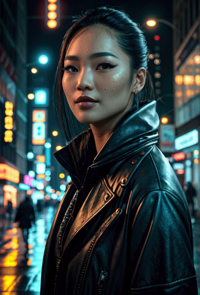 a beautiful asian woman walking at night in new york city, detailed facial features, beautiful detailed eyes, beautiful detailed lips, extremely detailed eyes and face, long eyelashes, realistic, photorealistic, photo-realistic:1.37, best quality, 8k, highres, masterpiece:1.2, ultra-detailed, hyper-realistic, cinematic lighting, moody atmospheric lighting, intricate details, dramatic shadows, vibrant colors, cinematic composition,realistic, photorealistic, 8k, best quality, masterpiece, ultra-detailed, vivid colors, studio lighting, physically-based rendering, professional, plan eloignéé, the camera view is looking up, ultra detailed background, ultra detailed face, elle fond dans le decors, real asian, , Realistic Skin Texture, Texture, Detailed Eyes, texture, eyes detailled, Detail, Highly Detailed, Sharp Focus, Detailed Skin , establishing shot, wide angle, street at night, tall buildings, neon signs, headlights, reflections on wet pavement, atmospheric fog, urban landscape