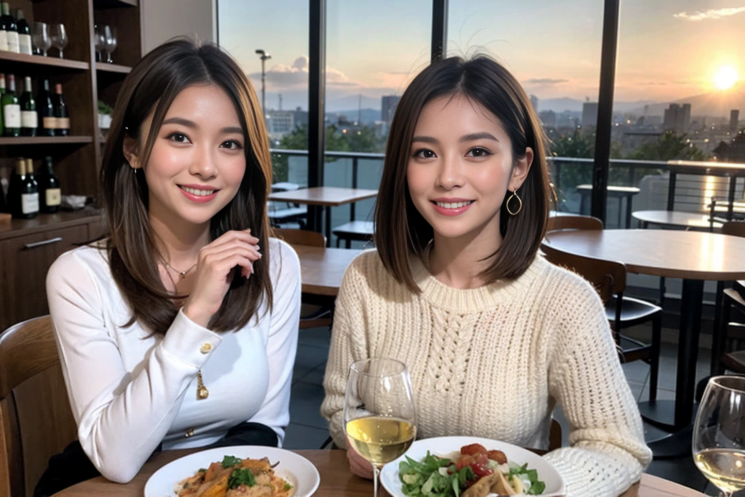 (Realistic:1.1),(masterpiece,Highest quality),8k,(49 years old), 53 years old, ベリーslimボディ、slimカップル、Tight waist,Upper Body,full-course dinner、wine 、Amazing view of the sunset sky and clouds、Perfect Anatomy, Brown Hair, short hair,Random Hairstyles,((Highly detailed face and eyes:1.2)),Perfect golden ratio face,Long sleeve shirt、dress,(smile:1.2)、Shortcuts、cute、(Realistic, Intricate details:1.2), A bright smile、short hair,Bright Face、赤wine 、Appetizers、Italian food、wine bottle、Champagne、スパークリングwine、(slimな顔), (The body is slim), (Brown Hair), (Shortcuts), Upper Body, 白wine, slim, wineグラス,