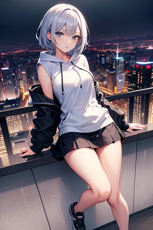 (masterpiece), (best quality), (ultra detailed), (high res 8K), 1 girl, late age, standing, full body, bird's eye view, hoody, mini-skirt, short hair, silver hair, serious, looking away, cityscape in Tokyo, raining, night, high contrast, professional lighting, stunning face, symmetrical clear eyes, detailed eyes and face,one katana,near future
