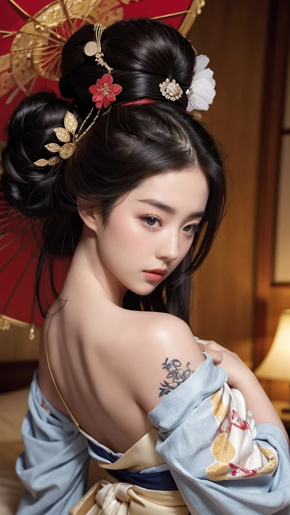 masterpiece, 1 woman per 1 photo, full body, live front view, subject composition facing down from above, a)) Geisha model Sleep on your back looking up. On the bed. Inside the castle. wearing Geisha clothes. Bare shoulders. with decorative tattoos on the body + shooting from the top angle: detail face and skin texture, detail eyes, double eyelids,