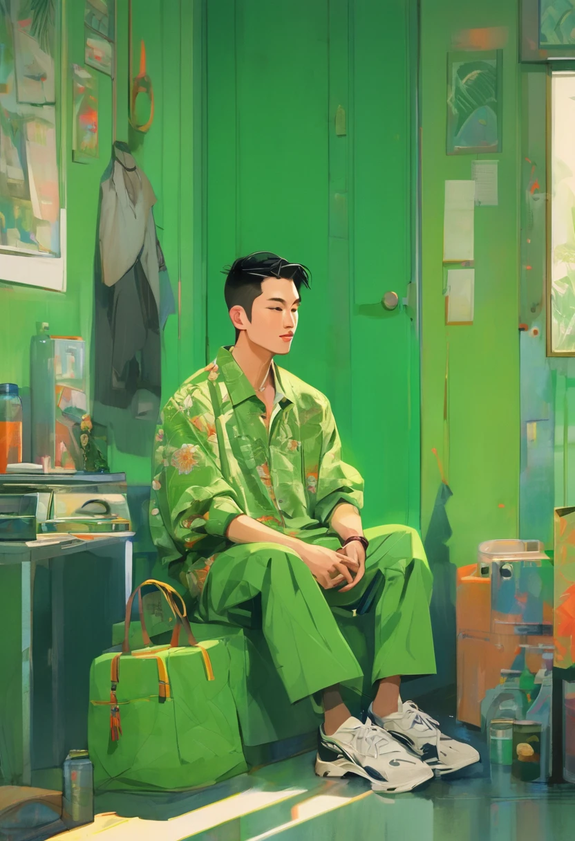 an asian man with casual cothes, sit in green room,