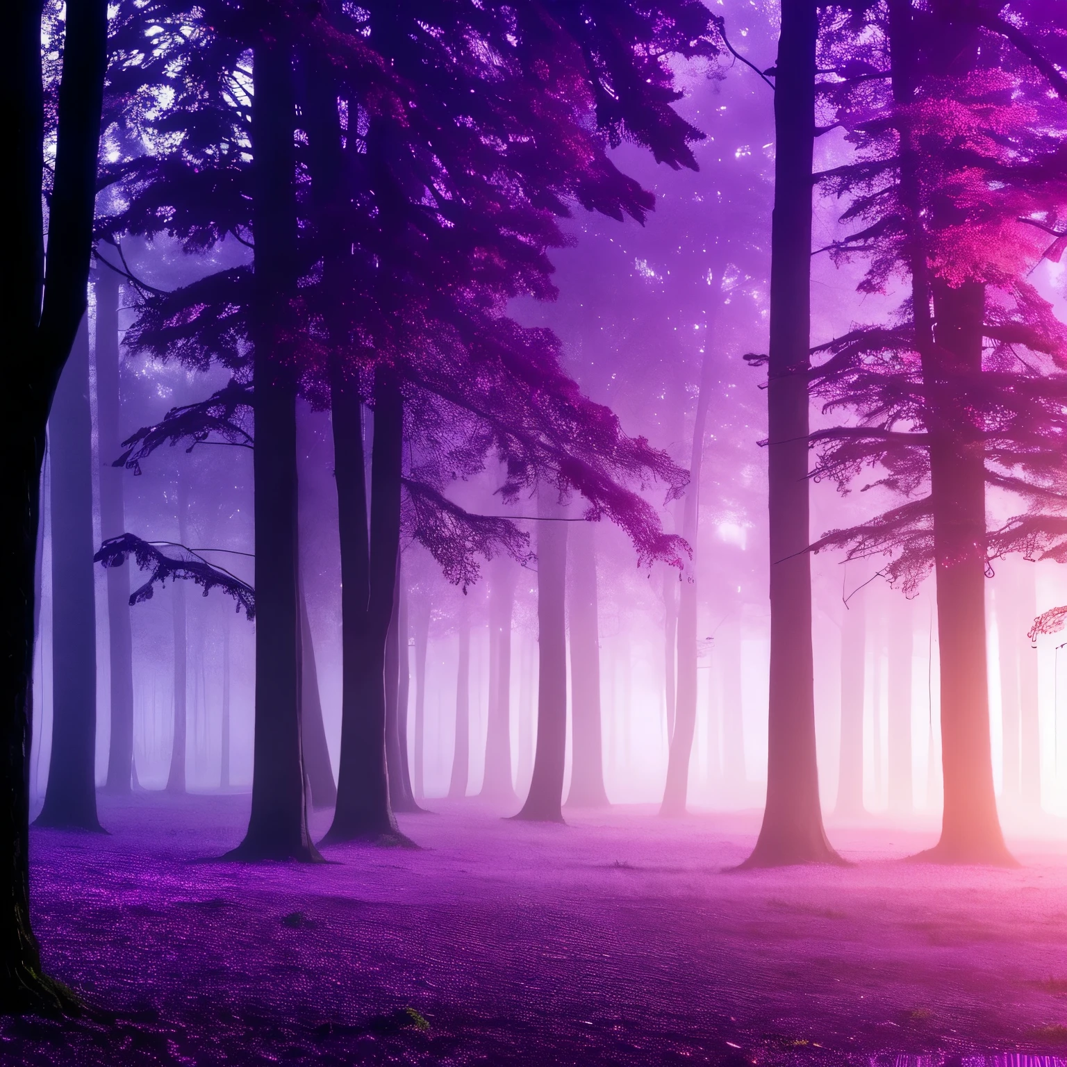 trees in a foggy forest with a puddle of water, purple fog, light purple mist, a mystical misty glow, foggy twilight lighting, extremely beautiful and ethereal, purple mist, foggy morning light, foggy at dawn, misty morning, beautiful and mysterious, early foggy morning, glowing colorful fog, soft purple glow, midnight fog - mist!, eerie mist, very ethereal