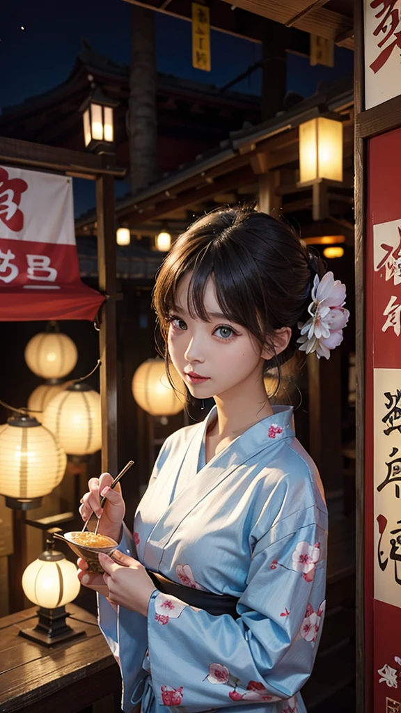 woman, Slim figure, Highest quality、Real Skin、Beautiful Eyes、yukata、Festivals、stall、Lantern