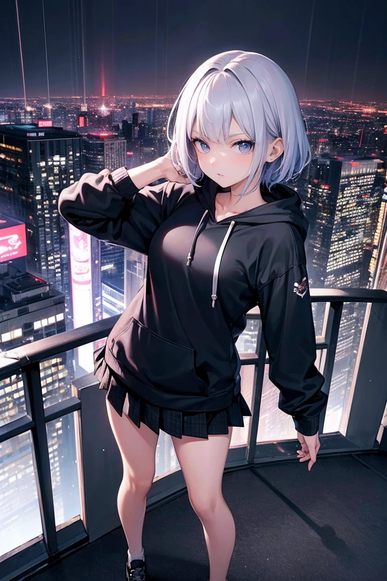 (masterpiece), (best quality), (ultra detailed), (high res 8K), 1 girl, late teenage, standing, full body, bird's eye view, hoody, mini-skirt, short hair, silver hair, serious, looking away, cityscape in Tokyo, raining, night, high contrast, professional lighting, stunning face, symmetrical clear eyes, detailed eyes and face,one katana,near future