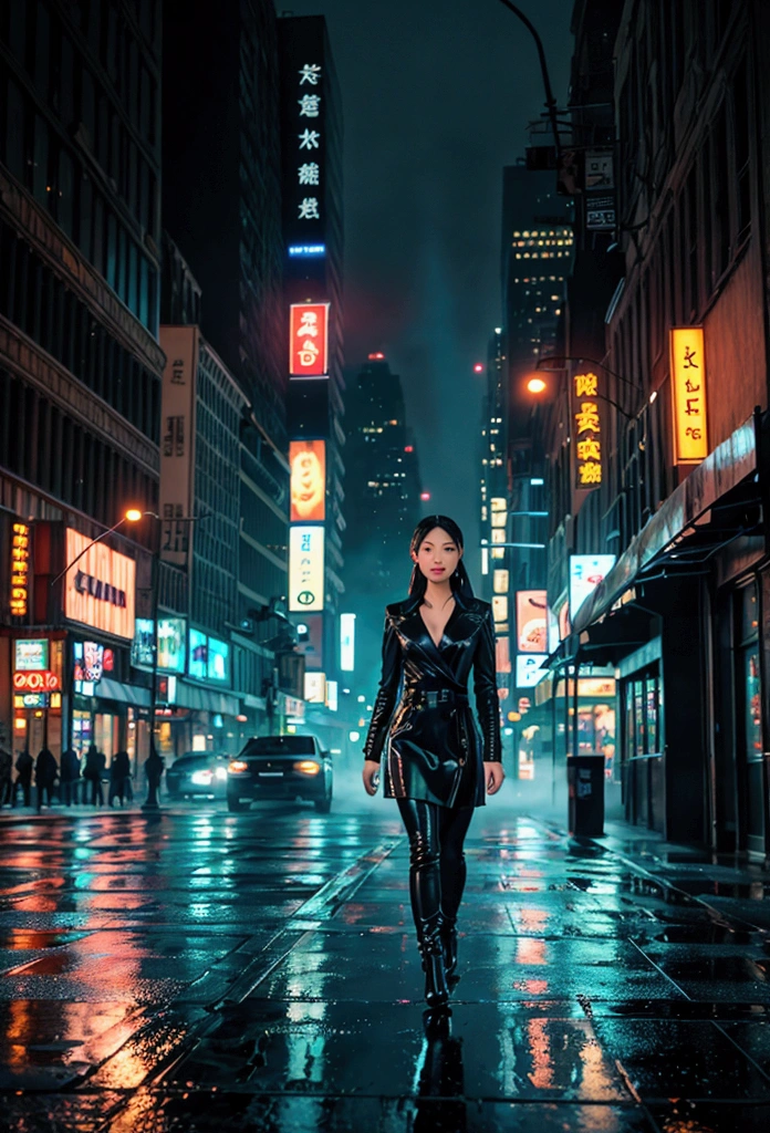 a beautiful asian woman walking at night in new york city, detailed facial features, beautiful detailed eyes, beautiful detailed lips, extremely detailed eyes and face, long eyelashes, realistic, photorealistic, photo-realistic:1.37, best quality, 8k, highres, masterpiece:1.2, ultra-detailed, hyper-realistic, cinematic lighting, moody intricate details,  cinematic composition,realistic, photorealistic, 8k, best quality, masterpiece, ultra-detailed, physically-based rendering, professional, plan eloignéé,ultra detailed background, ultra detailed face, real asian, , Realistic Skin Texture, Texture, Detailed Eyes, texture, eyes detailled, Detail, Highly Detailed, Sharp Focus, Detailed Skin , establishing shot, wide angle, street at night, tall buildings, neon signs, headlights, reflections on wet pavement, atmospheric fog, urban landscape