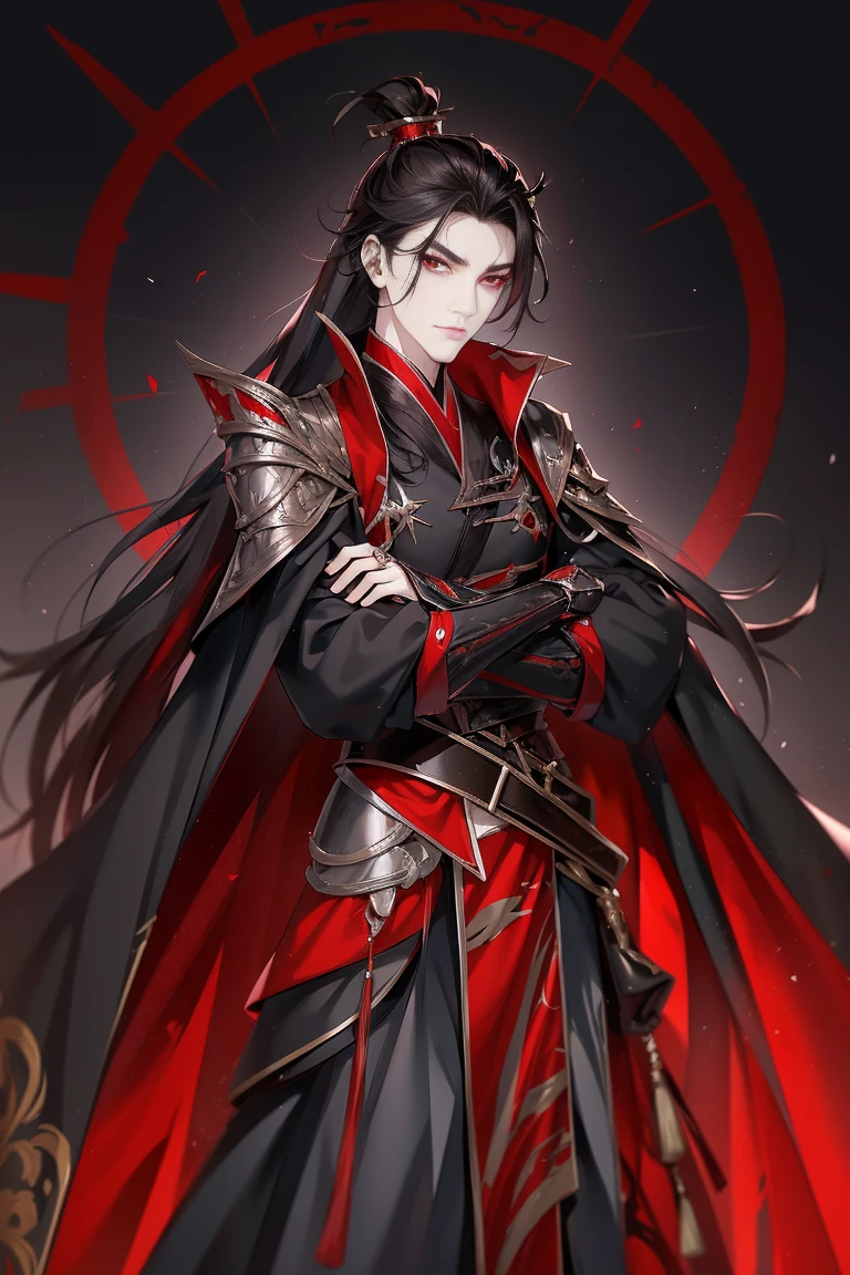 vampire man, Hanfu, Luxurious uniform black clothes,Shoulder armor,goth style(Shooting from front)hold your arm,cabelos preto e longos, red eyes,natta,asian architecture interior,Carved wooden windows,Pink gauze curtain,Best quality at best,16k,tmasterpiece,