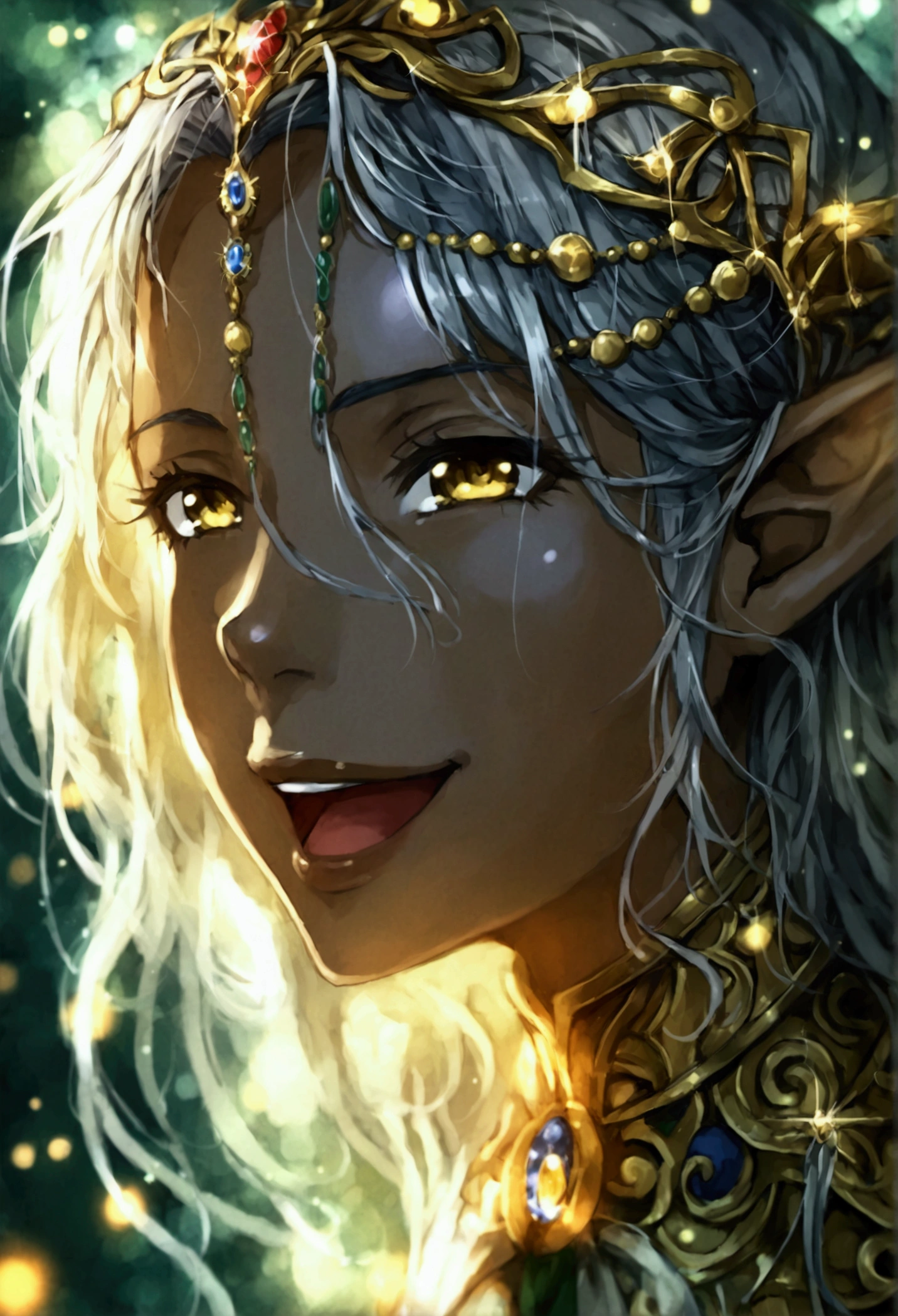 (masterpiece), Highest quality, a girl, Dark Elf, laughing, silver hair, golden eyes, jitome, dark skin
