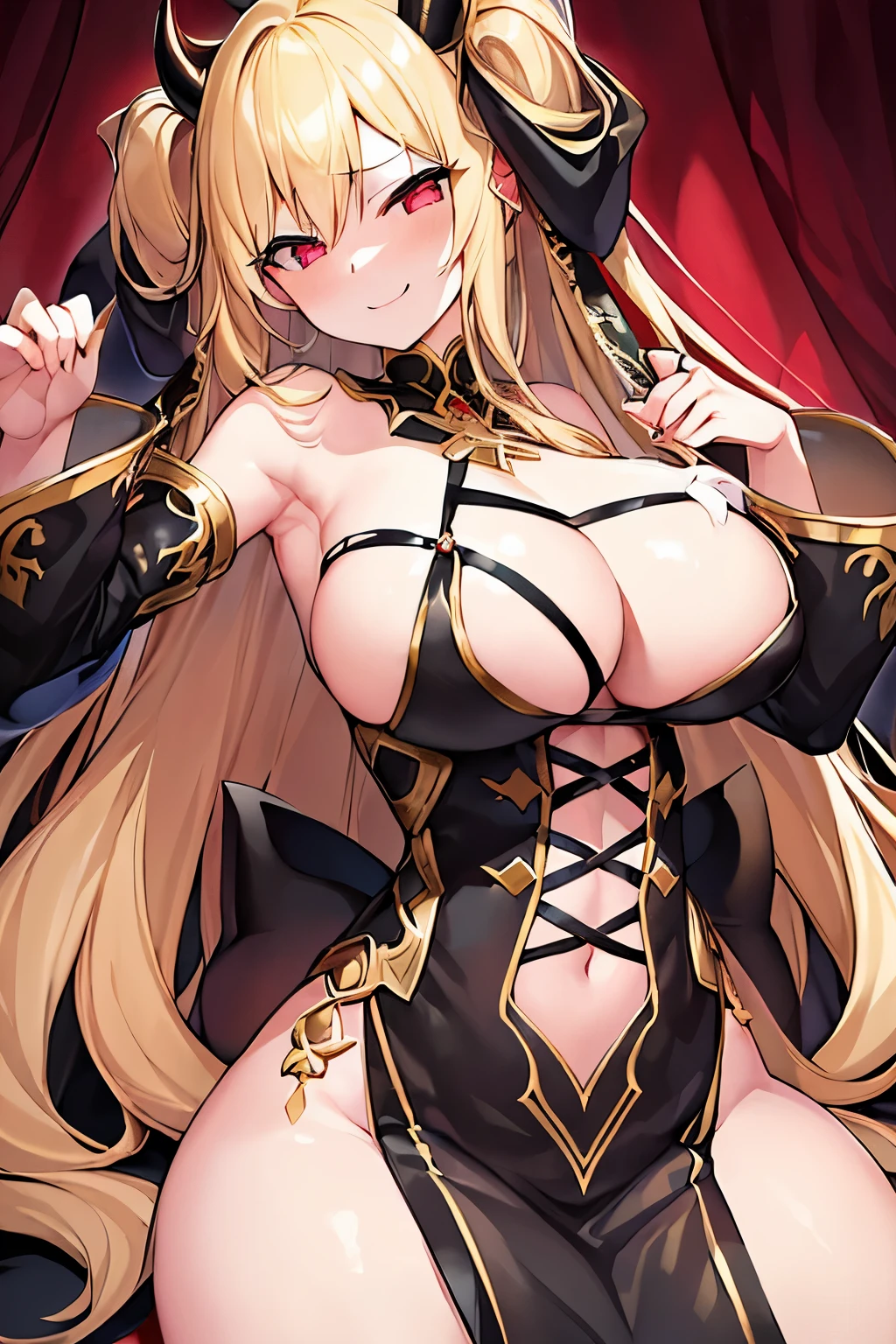 1 girl、Blonde、Long Hair、Fantasy、Holy Goddess、Black clothing、Complicated costumes、Gold decoration、(Aggressive design)、Sleeves that cling to the arms、Bigger breasts、Expose、Shameless、Provocative、Fan、Lust、Estrus、lure、smile、Redness、((sexual excitement))、Red Eyes、Devil horns、Sexy pose、Wriggle your body