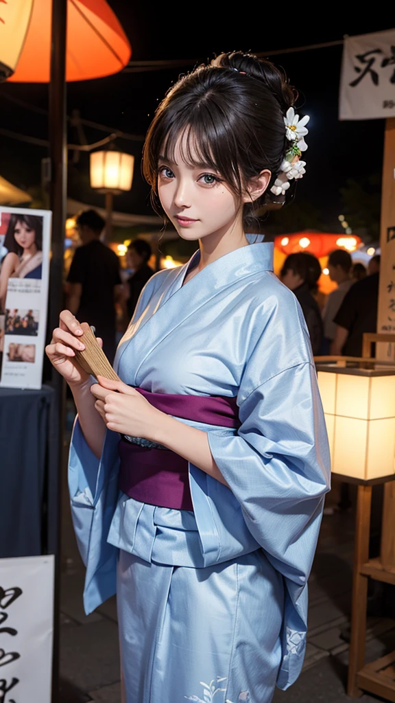  woman, Slim figure, Highest quality、Real Skin、Beautiful Eyes、yukata、Festivals、stall