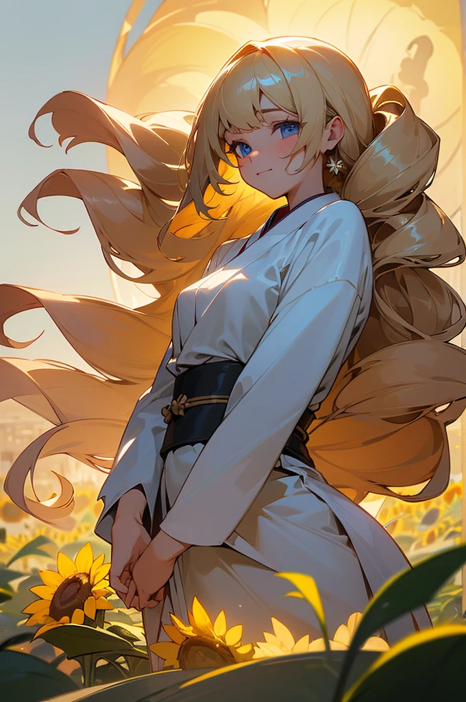 ((masterpiece, best quality, ultra-detailed, high resolution, extremely detailed CG, super detailed, Most beautiful clean lighting)), 1 girl, give a faint smile, Half Japanese, Multiple long drill hair, Large amount of hair, curly hair in vertical rolls, shiny blonde Long hair, Beautiful blue eyes, Elegant, curvy body, Beautiful lady, summer sweater, Midsummer Scenery, sunflower field