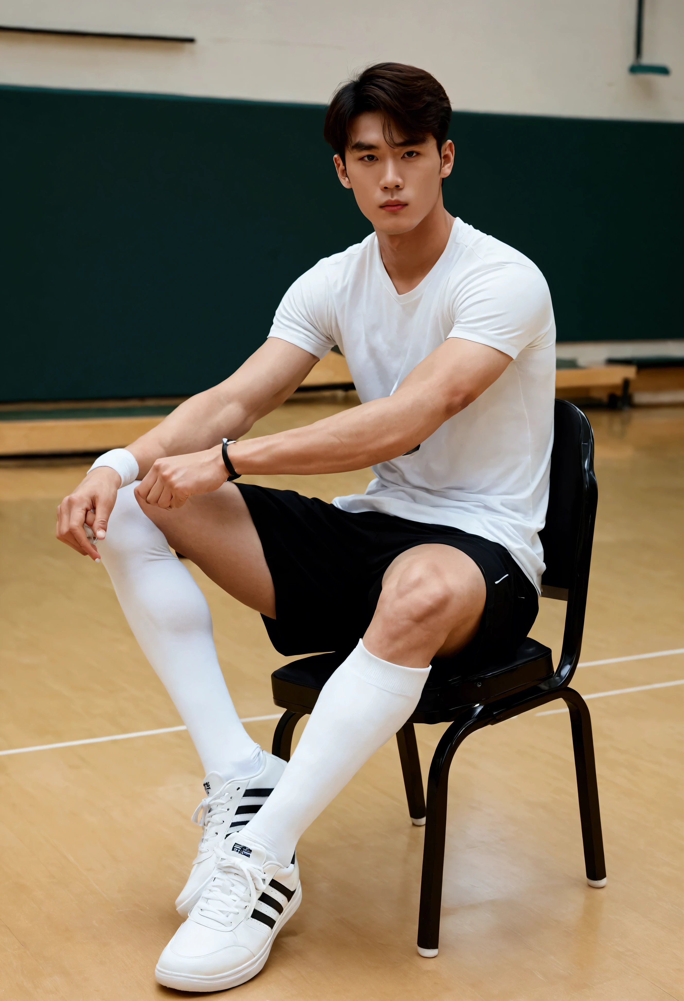 A handsome sports student,Wearing white socks and sneakers,sit on the chair,Stretch out one foot,