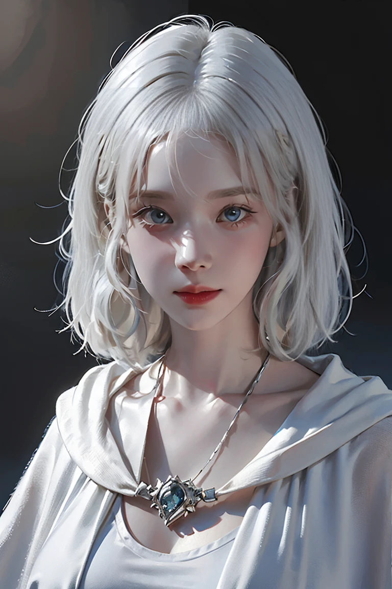 ((Woman with tattoo on chest)), girl, ((Short white hair with bangs, Black strands of hair)), Purple eyes, White T-shirt and white cape, Pendant around the neck. 超High resolution.Realistic. 超High resolution.Realistic:1.4,超High resolution. Realistic,High resolutionで, masterpiece, Highest quality, Very detailed, Better Shadows, Volumetric lighting), super high quality, High resolution, 8k, 超Realisticな肖像画 , Realistic, Dynamic Lighting, Volumetric lighting, Very detailed顔,(Browsing Caution:1.2),Large Breasts,Full Body Stand Posture, Natural and beautiful standing posture, Crisp and realistic body detail