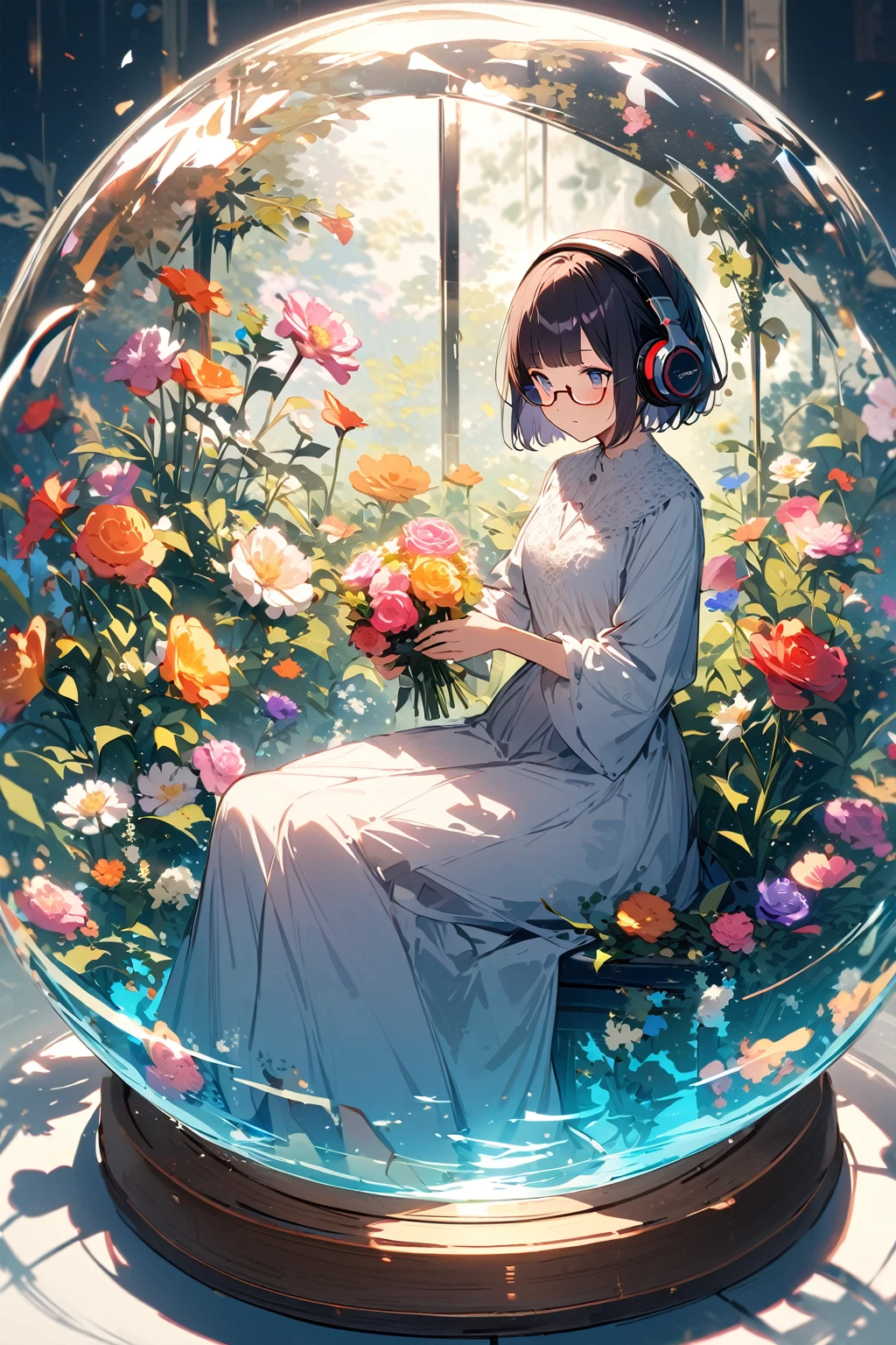 (extremely detailed fine touch:1.3), (((semi-rimless eyewear:1.3))), (wear headphones around:1.2), short hair, blunt bangs, 1girl, solo, 2.5d face, full body, holding flower, side shot, white dress,
Sitting in a glass sphere with flowers and some water in it