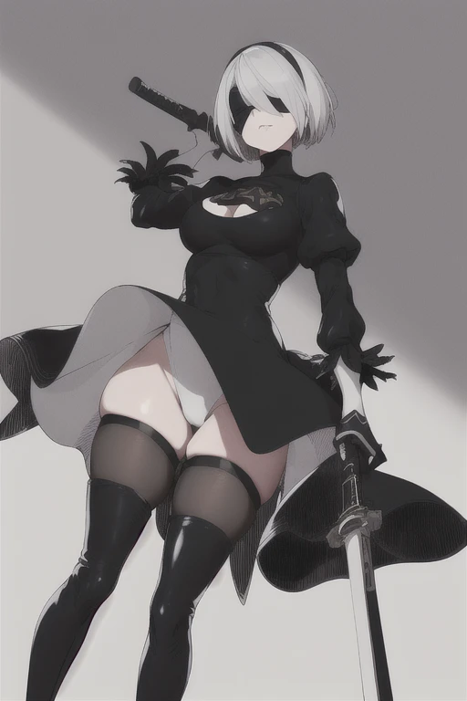 2B, 1girl, solo, short hair, thighhighs, gloves, long sleeves, dress, holding, cleavage, medium breasts, standing, full body, weapon, white hair, hairband, boots, puffy sleeves, black thighhighs, black footwear, mole, black dress, high heels, leotard, clothing cutout, thigh boots, cleavage cutout, black hairband, juliet sleeves, mole under mouth, facing viewer, high heel boots, blindfold, covered eyes, black blindfold, feather-trimmed sleeves, masterpiece, long skirt, room