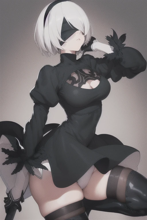 2B, 1girl, solo, short hair, thighhighs, gloves, long sleeves, dress, holding, cleavage, medium breasts, standing, full body, weapon, white hair, hairband, boots, puffy sleeves, black thighhighs, black footwear, mole, black dress, high heels, leotard, clothing cutout, thigh boots, cleavage cutout, black hairband, juliet sleeves, mole under mouth, facing viewer, high heel boots, blindfold, covered eyes, black blindfold, feather-trimmed sleeves, masterpiece, long skirt, room