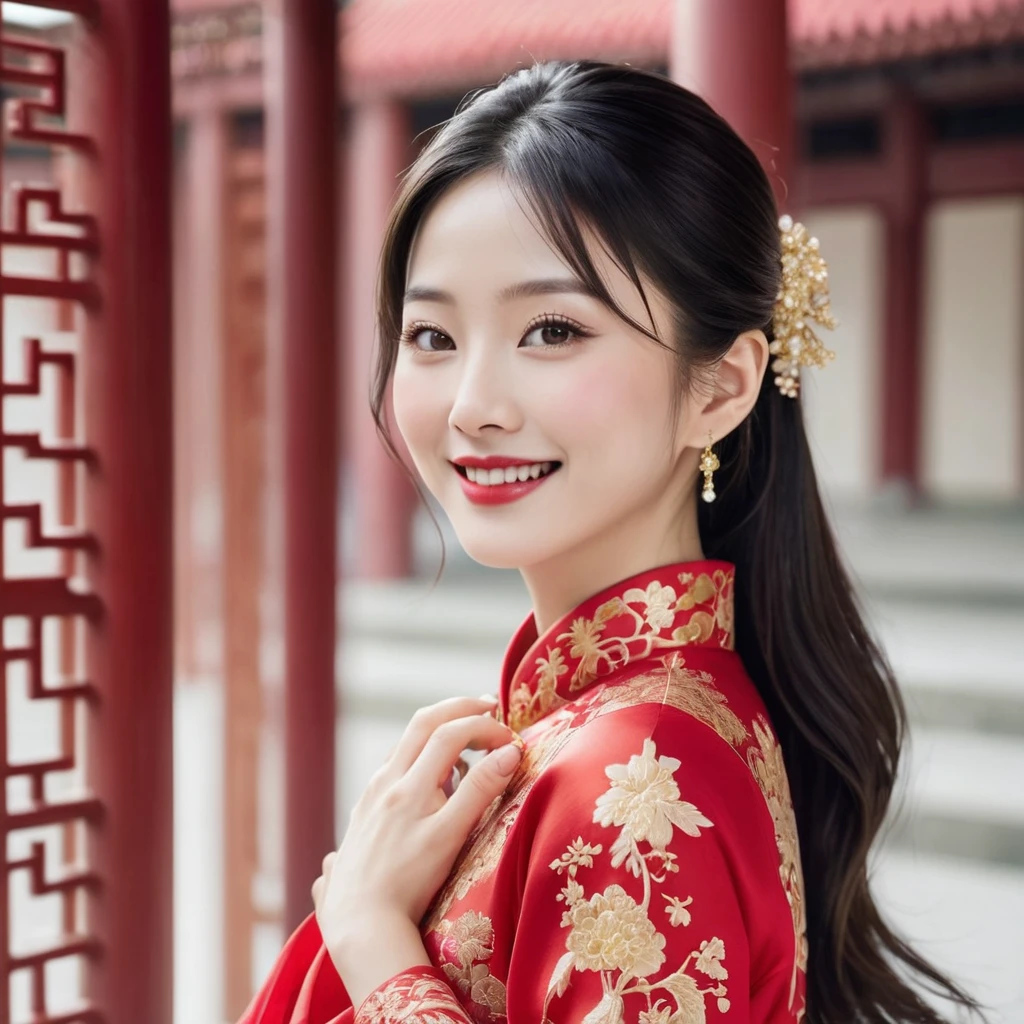 ((Highest quality)), ((masterpiece)), (detailed), (Perfect Face)、The woman is Satomi Ishihara, with her medium-long hair tied up in a bun, wearing a gorgeous red Chinese dress with gold embroidery and trim, a long slit that shows off her thighs, and is dressed luxuriously with gorgeous accessories and an engagement ring.、The woman is smiling gently、The woman is getting married to a handsome and dignified middle-aged Chinese man in a luxurious Chinese palace.