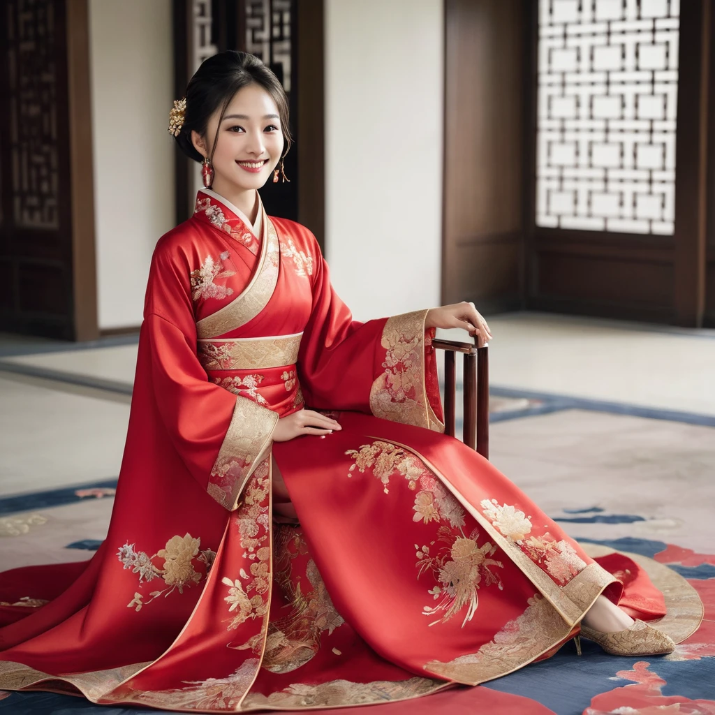 ((Highest quality)), ((masterpiece)), (detailed), (Perfect Face)、The woman is Satomi Ishihara, with her medium-long hair tied up in a bun, wearing a gorgeous red Chinese dress with gold embroidery and trim, a long slit that shows off her thighs, and is dressed luxuriously with gorgeous accessories and an engagement ring.、The woman is smiling gently、The woman is getting married to a handsome and dignified middle-aged Chinese man in a luxurious Chinese palace.