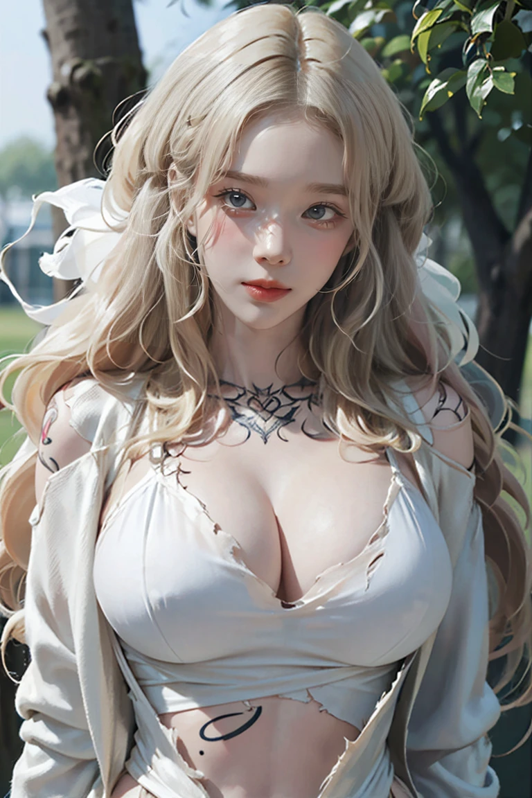masterpiece, Highest quality, One Girl, beautiful, OK, delicate, Very difficult, detailed, blonde, Jacket, blue eyes, ((masterpiece)), extremely detailed, Highest quality, High resolution, ((at the park)), Bridget, smile,Wet skin and hair, blonde, (White shirt, Torn, No underwear), (Sexually excited expression:0.7), Long Hair, Open ((Perfect body)), Realistic Fashion, High resolutionシステムのdetailed, photo shoot , Sharpness,(((He has many tattoos all over his body)), (((Tight waist))), ((Big Breasts)),((See through))