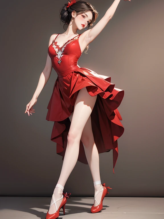 (Highest quality、 8k 、masterpiece、High resolution)、(DEGAS、Dancer)、Ballet、(White toe shoes)、whole body、15 year old girl、(顔がcute、reddish、Red lips、Eyeliner)、Long legs、Good style、cute、Realistic、Realistic、Official Art、Detailed CG、