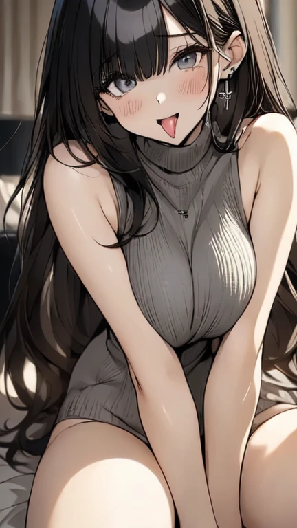 (Highest quality)), ((masterpiece)), (detailed), Perfect Anatomy,((Full body shot 1.5)),One Woman in Ecstasy,28歳のBeautiful woman,Married Woman,Very sexy,(((Big Breasts,Wearing a turtleneck, sleeveless knit sweater.8,One piece sweater,No bra))),Small nipples,Sweater with wide open chest,Emphasize cleavage,Grey sweater,
Beautiful woman,Beautiful Face,Big eyes,Beautiful Eyes,Well-formed double eyelids,Beautiful teeth alignment,8 head body,Beautiful body lines,Slender body,Beautiful Hands,Beautiful legs,Long hands,Long legs,Long and flexible hair,Shiny hair,Black hair,Full body shot 1.4,Embarrassed expression,blush,Half-open mouth,from below,Beautiful shoulders,Beautiful collarbone、(((Legs apart 1.9,Woman sitting on sofa with legs wide open 1.9,))),(((press breasts together1.9))),((White panties 1.8)),garter belt,Crotch is fully visible,(((Ahegao 1.9))),((Expression of ecstasy 1.8,Climax expression,orgasm,Crying face,Big protruding tongue,Lots of drool from the mouth 1.5,Pussy in full view,A lot of love juice)),